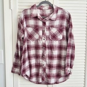 Maurices Women's Cabin Plaid Button Down Shirt - Burgundy and White